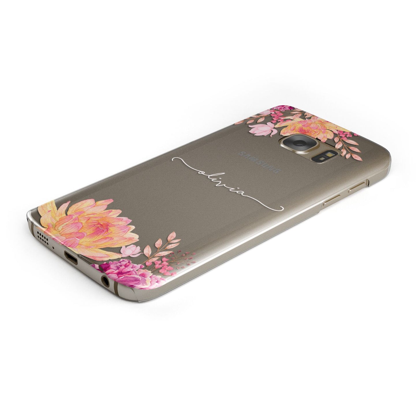 Personalised Dahlia Flowers Protective Samsung Galaxy Case Angled Image