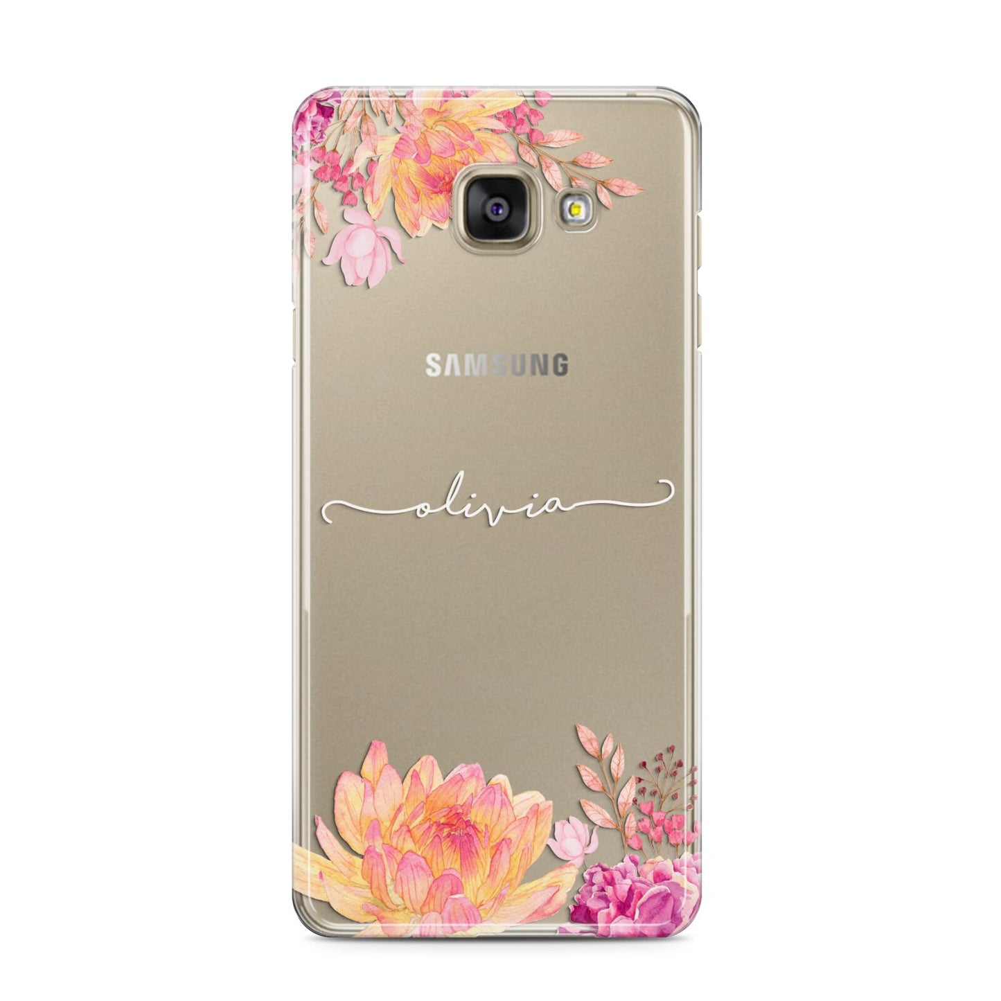 Personalised Dahlia Flowers Samsung Galaxy A3 2016 Case on gold phone