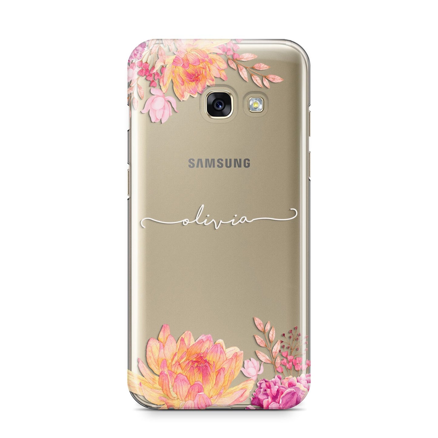 Personalised Dahlia Flowers Samsung Galaxy A3 2017 Case on gold phone