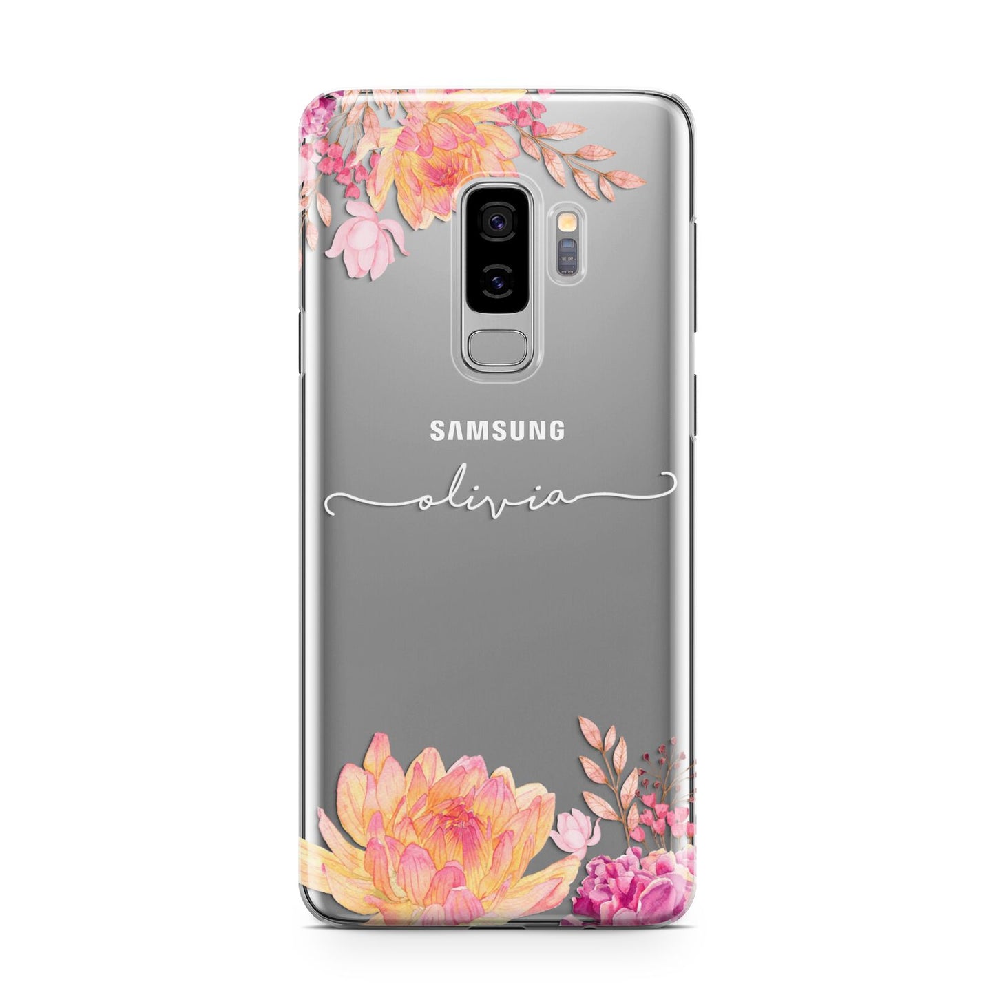 Personalised Dahlia Flowers Samsung Galaxy S9 Plus Case on Silver phone