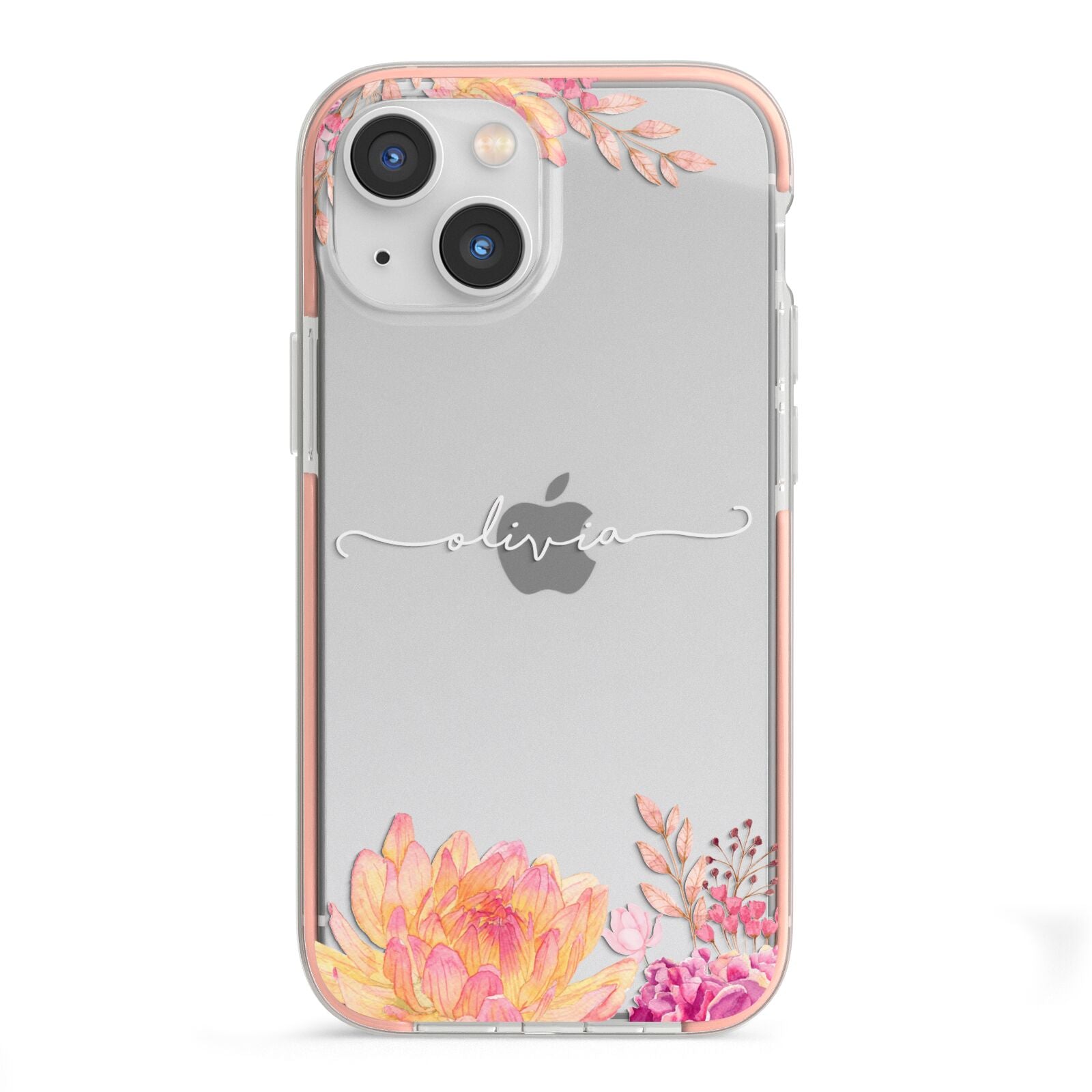 Personalised Dahlia Flowers iPhone 13 Mini TPU Impact Case with Pink Edges