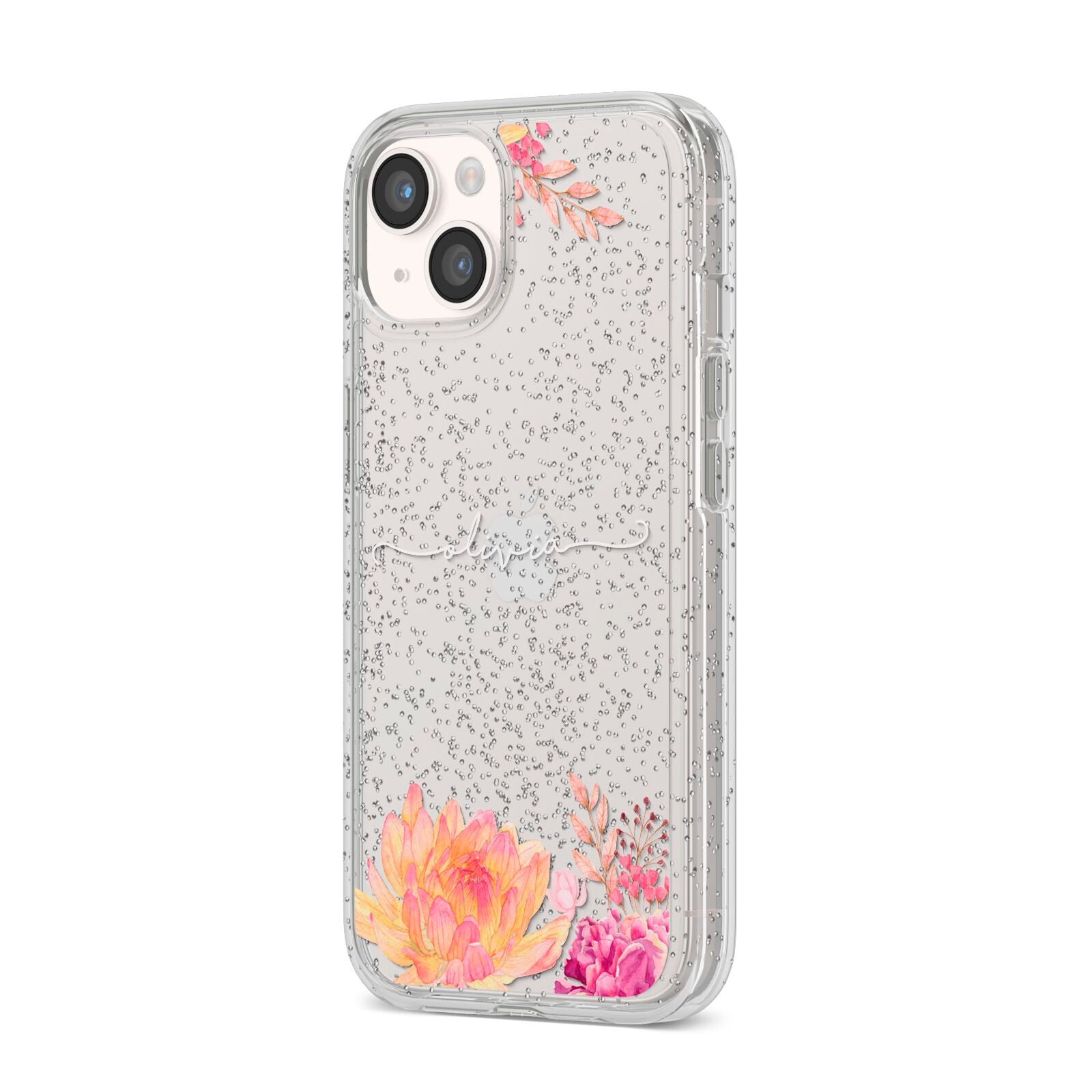 Personalised Dahlia Flowers iPhone 14 Glitter Tough Case Starlight Angled Image