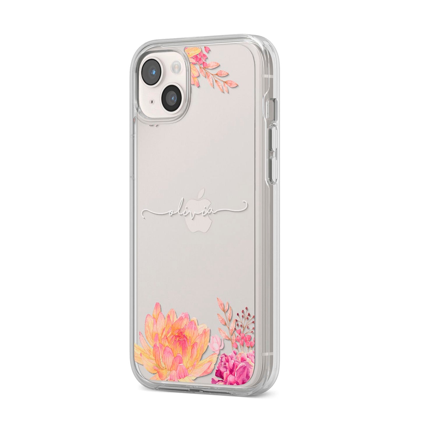 Personalised Dahlia Flowers iPhone 14 Plus Clear Tough Case Starlight Angled Image