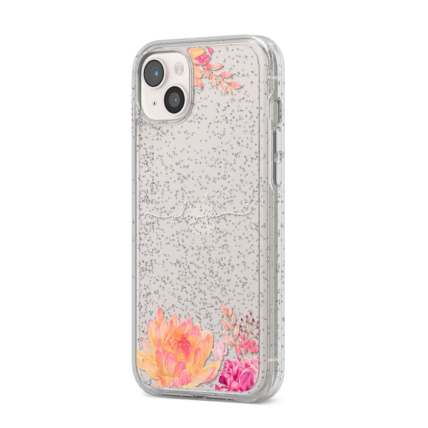 Personalised Dahlia Flowers iPhone 14 Plus Glitter Tough Case Starlight Angled Image