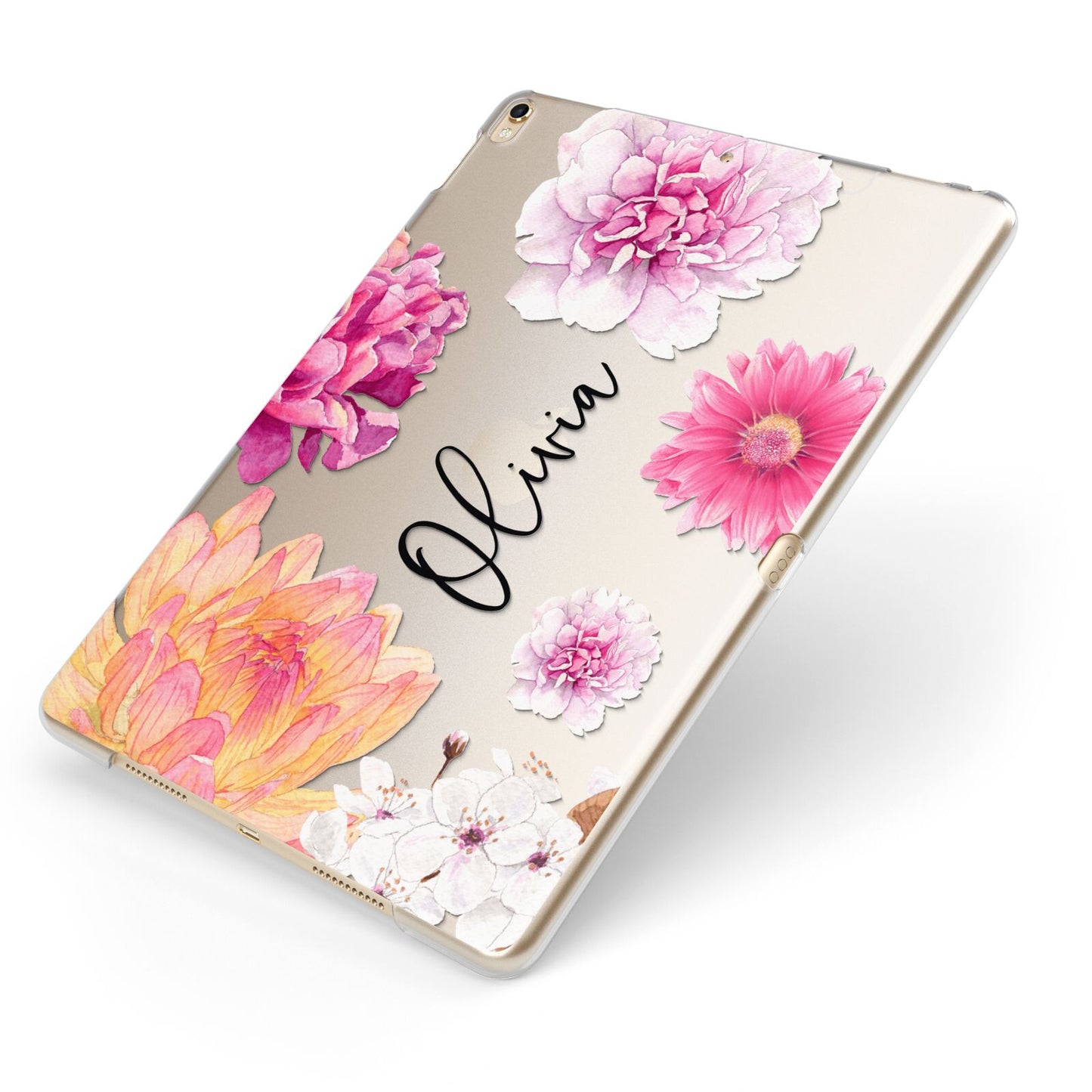 Personalised Dahlia Pink Apple iPad Case on Gold iPad Side View