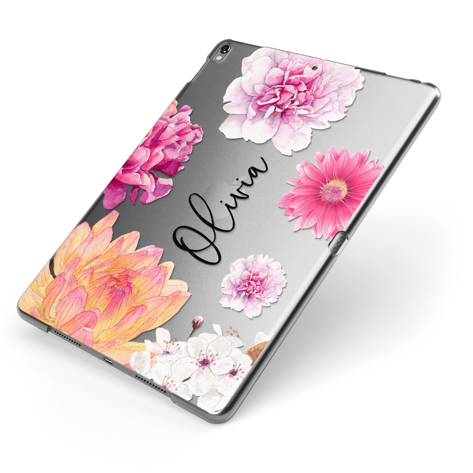 Personalised Dahlia Pink Apple iPad Case on Grey iPad Side View