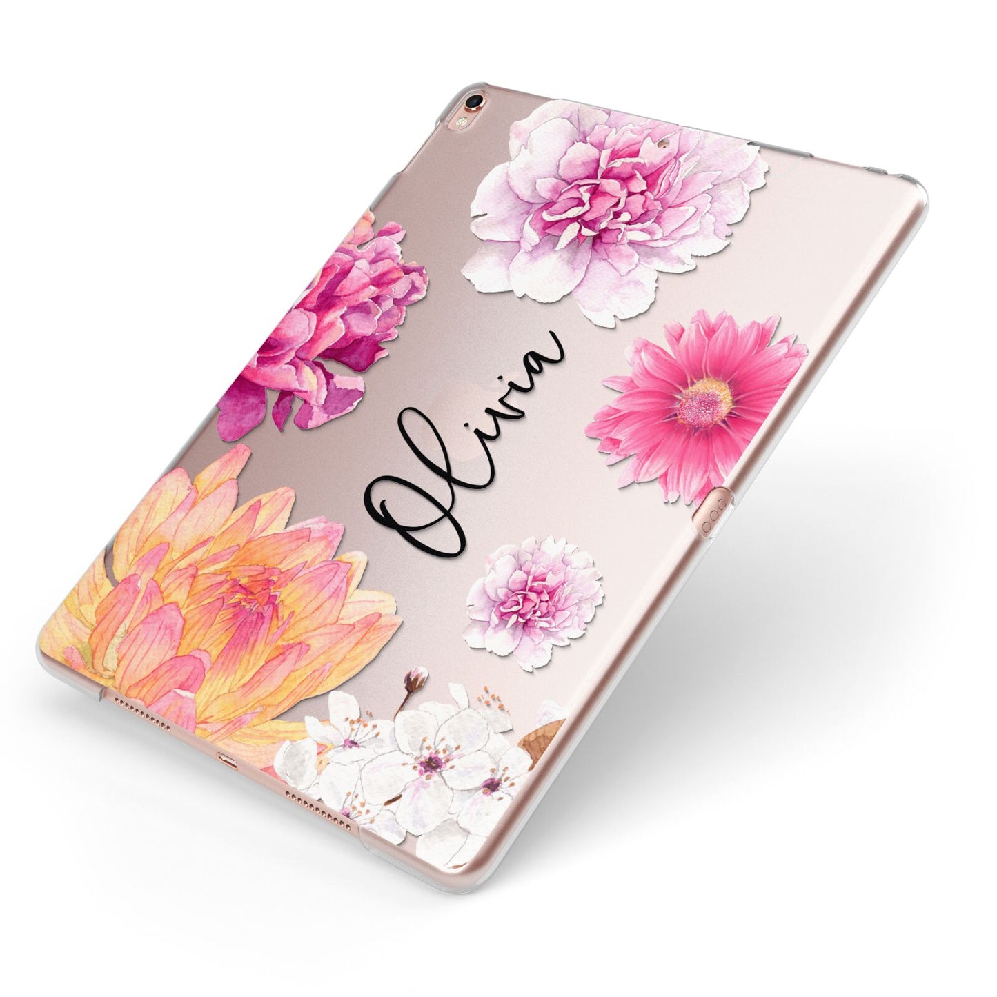 Personalised Dahlia Pink Apple iPad Case on Rose Gold iPad Side View