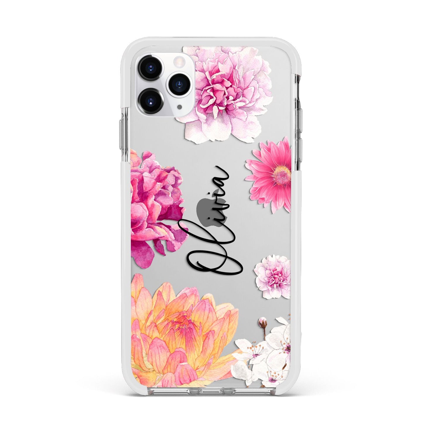 Personalised Dahlia Pink Apple iPhone 11 Pro Max in Silver with White Impact Case