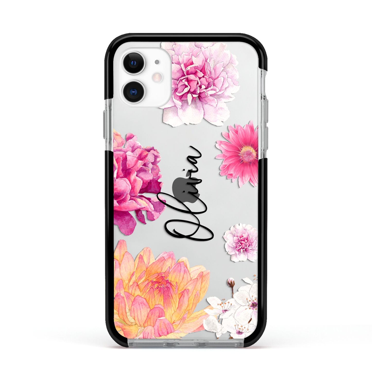 Personalised Dahlia Pink Apple iPhone 11 in White with Black Impact Case