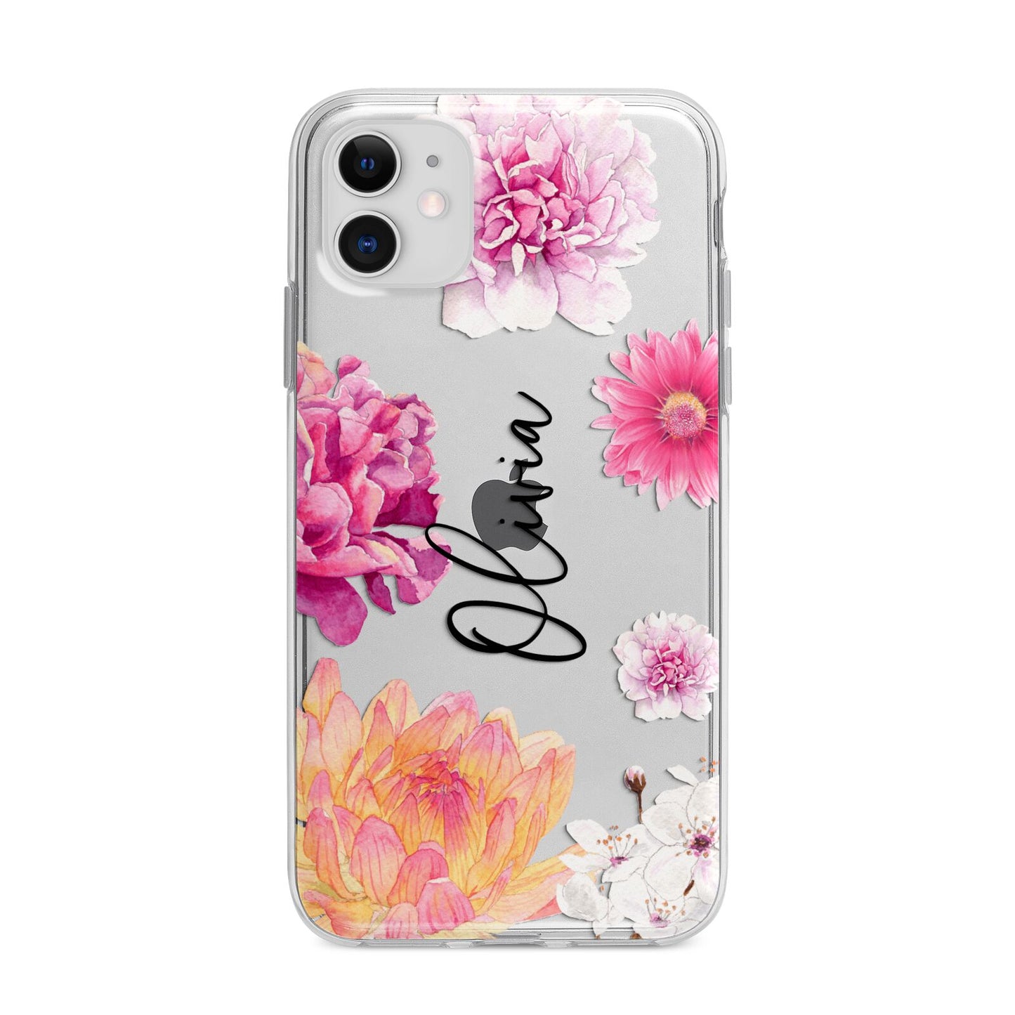 Personalised Dahlia Pink Apple iPhone 11 in White with Bumper Case