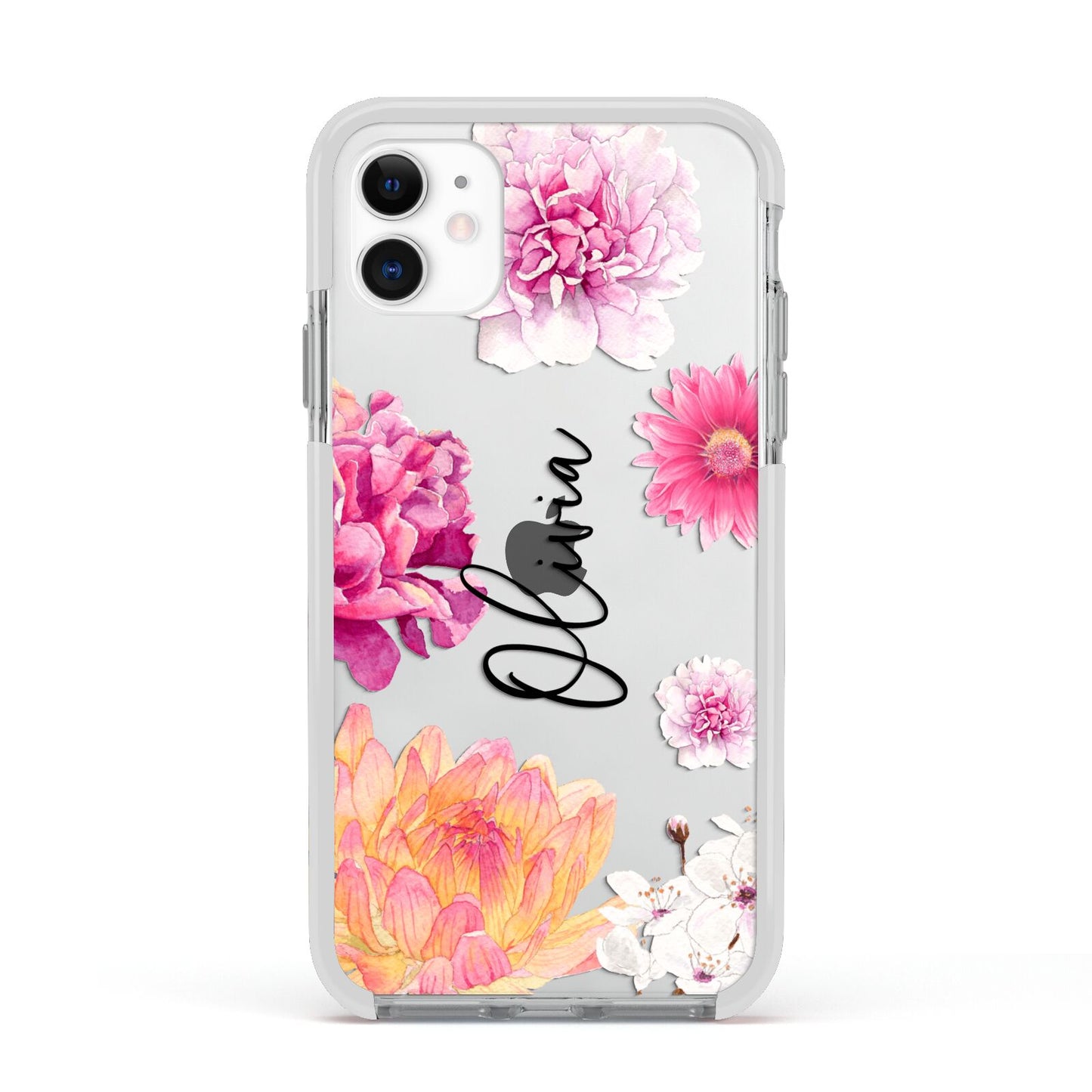 Personalised Dahlia Pink Apple iPhone 11 in White with White Impact Case