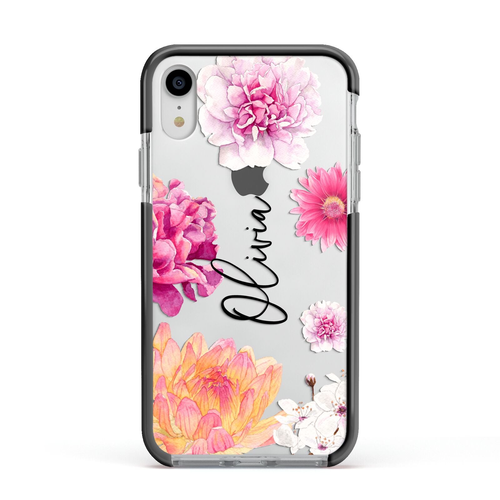 Personalised Dahlia Pink Apple iPhone XR Impact Case Black Edge on Silver Phone