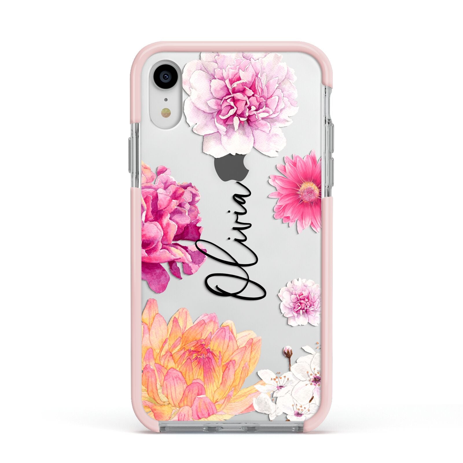 Personalised Dahlia Pink Apple iPhone XR Impact Case Pink Edge on Silver Phone