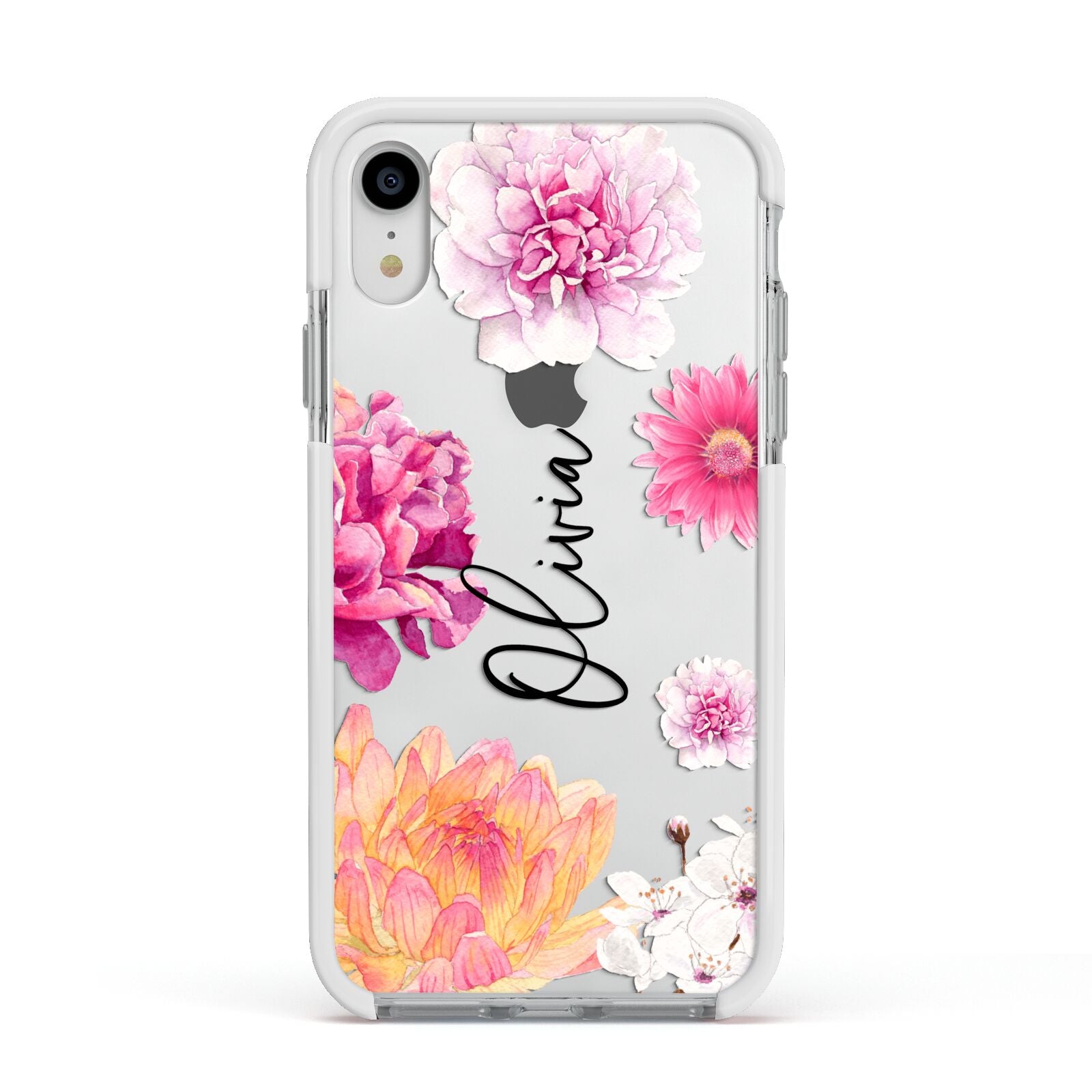 Personalised Dahlia Pink Apple iPhone XR Impact Case White Edge on Silver Phone