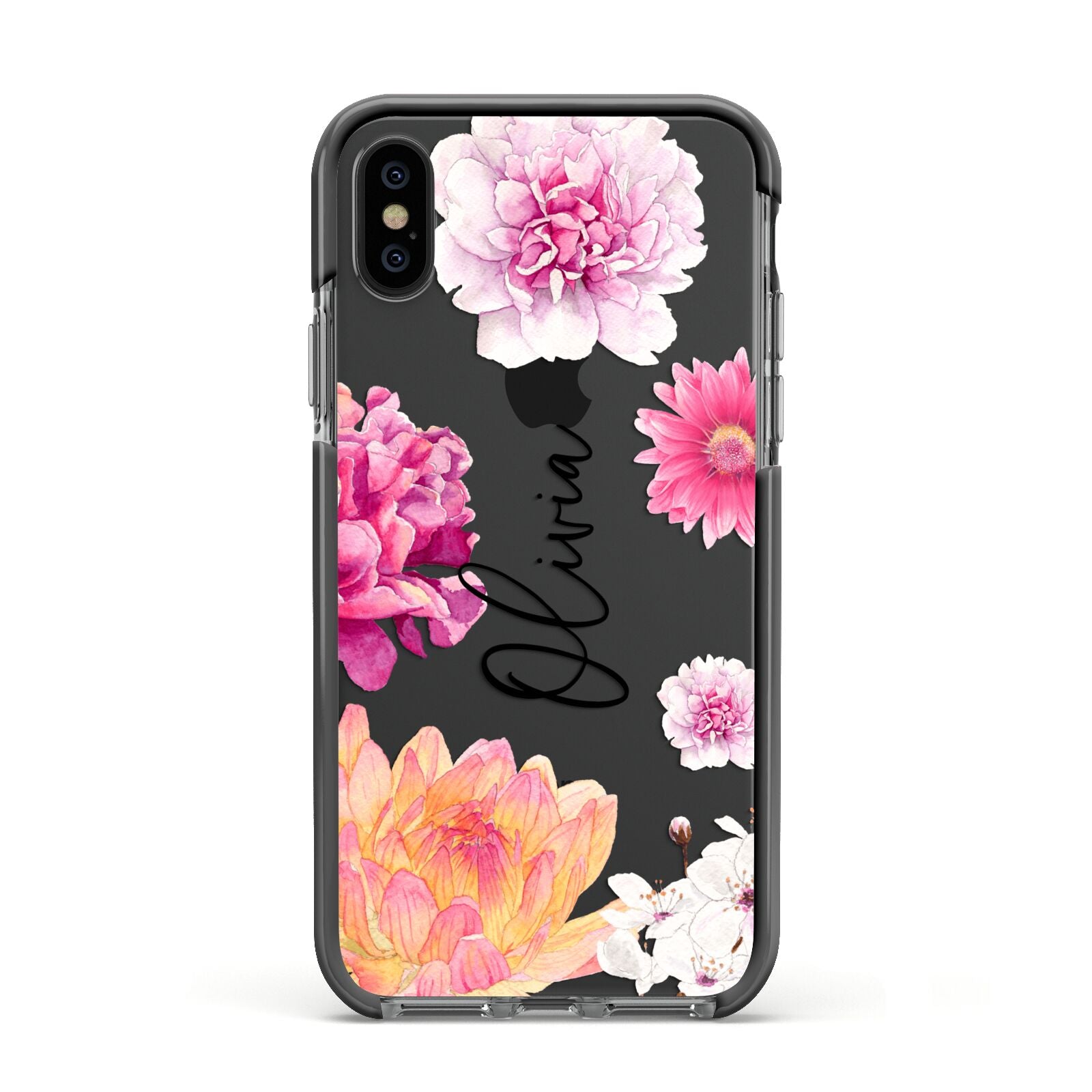 Personalised Dahlia Pink Apple iPhone Xs Impact Case Black Edge on Black Phone