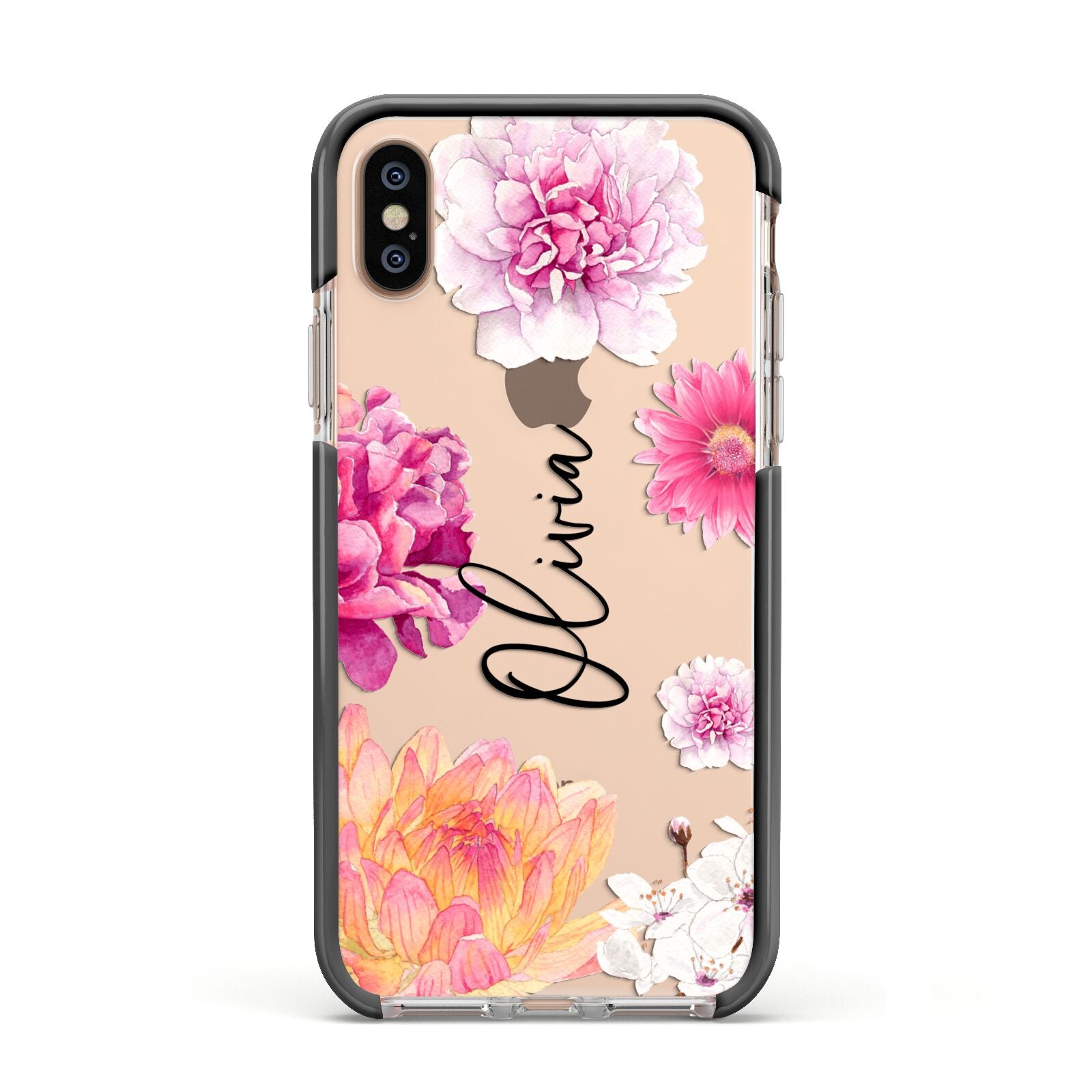 Personalised Dahlia Pink Apple iPhone Xs Impact Case Black Edge on Gold Phone