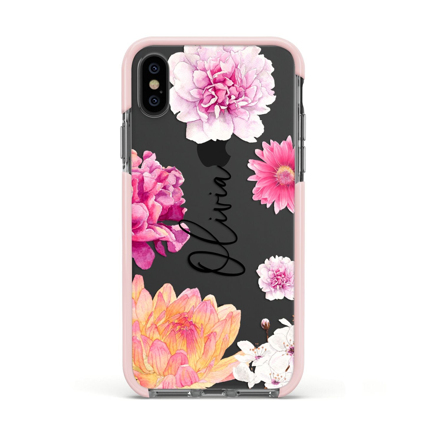 Personalised Dahlia Pink Apple iPhone Xs Impact Case Pink Edge on Black Phone