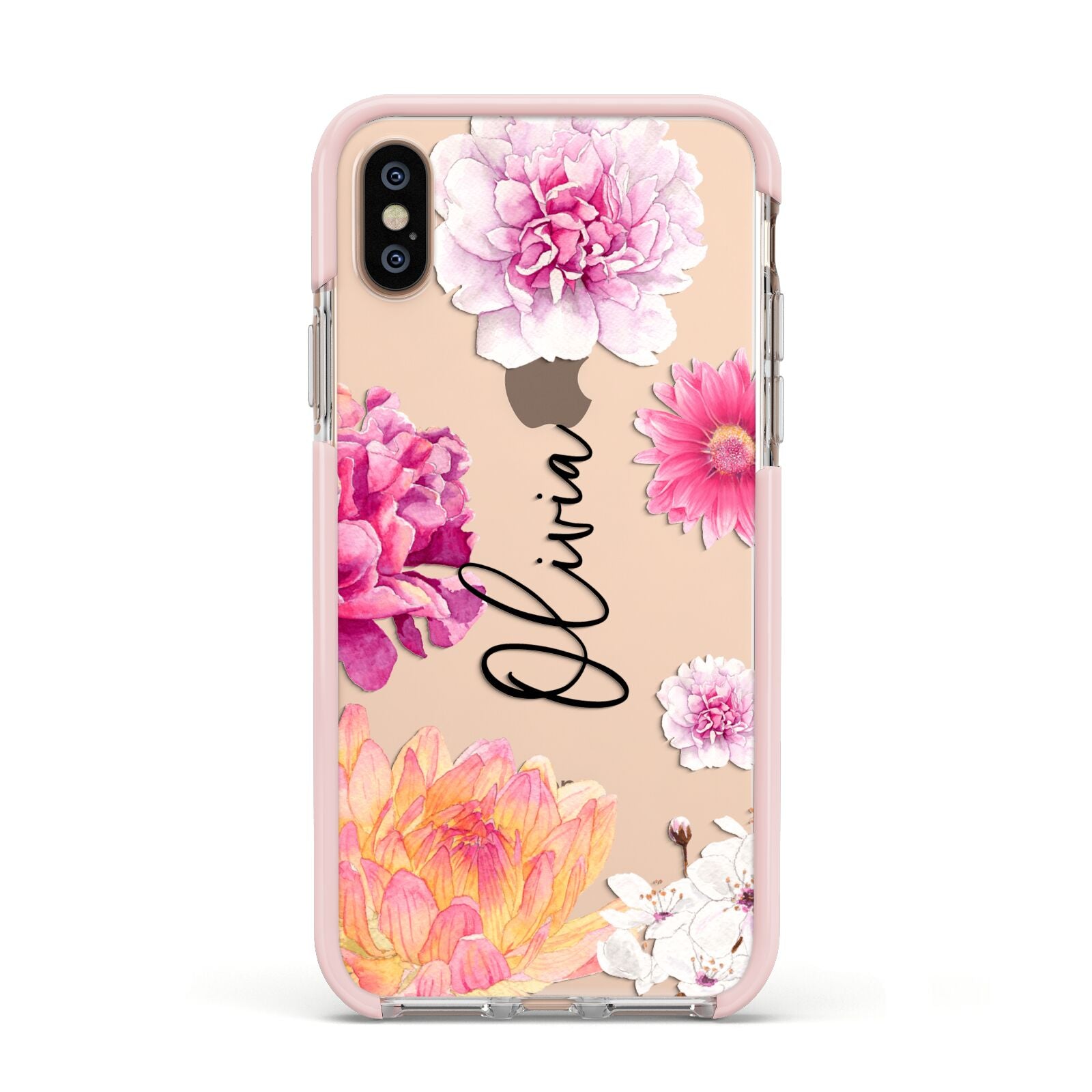 Personalised Dahlia Pink Apple iPhone Xs Impact Case Pink Edge on Gold Phone