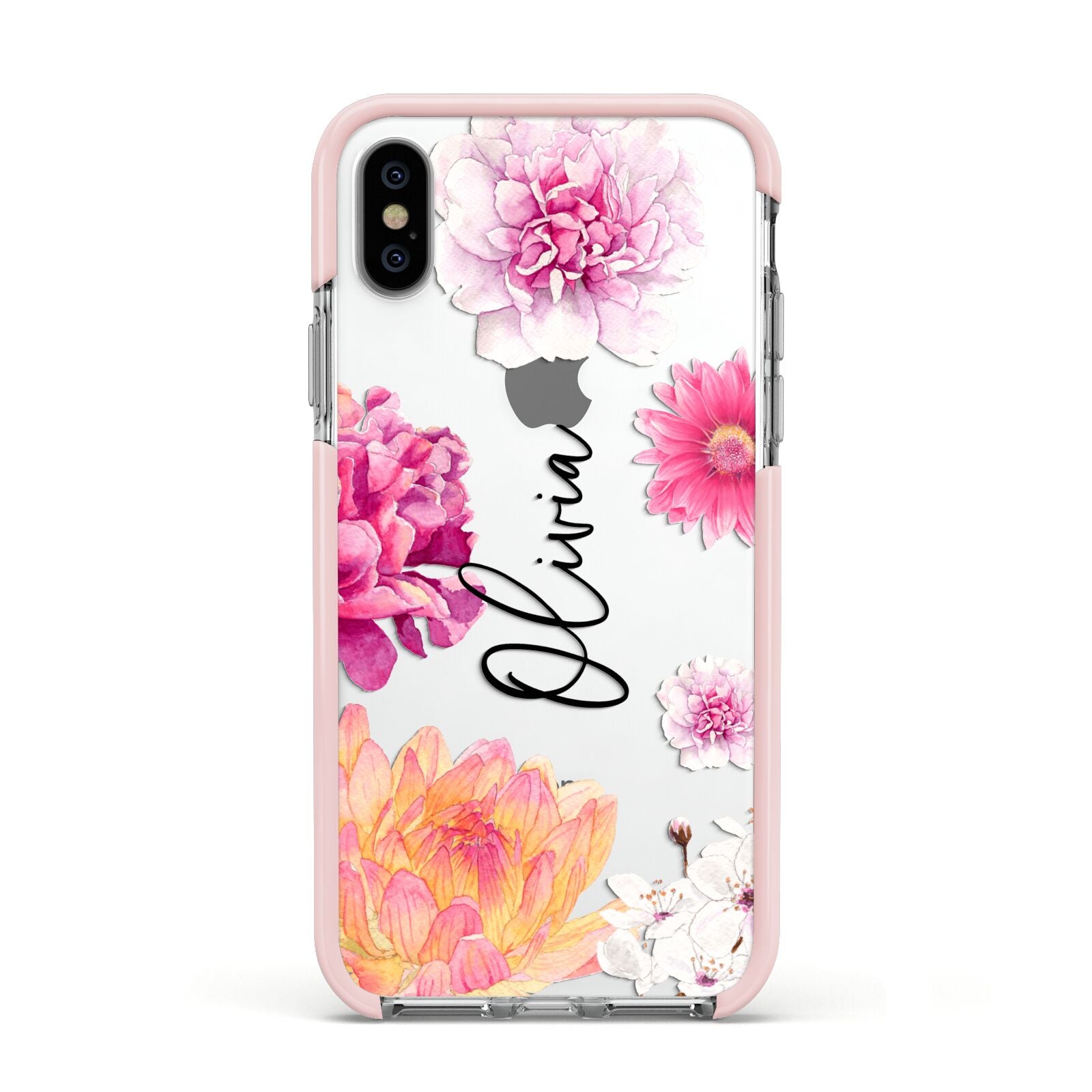 Personalised Dahlia Pink Apple iPhone Xs Impact Case Pink Edge on Silver Phone