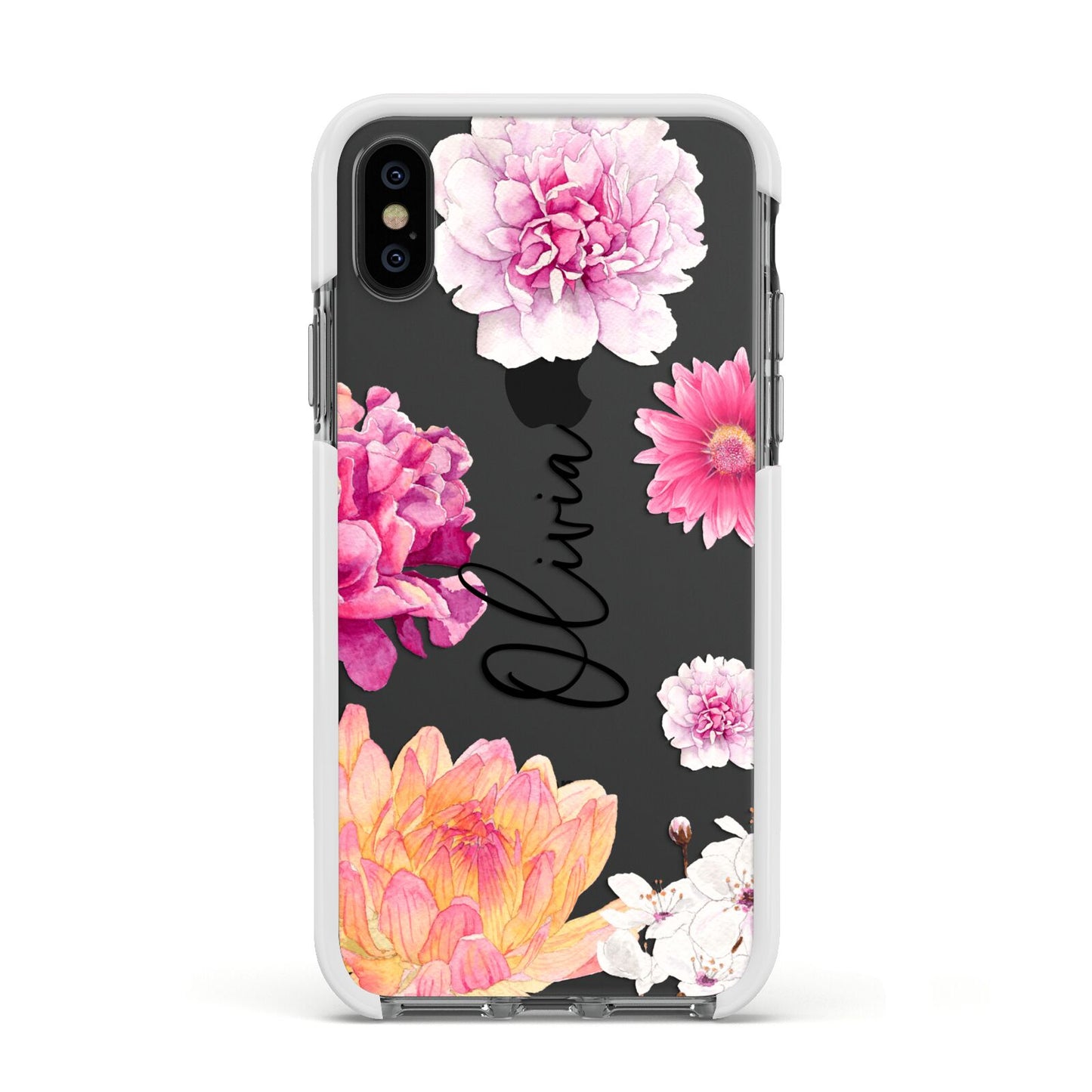 Personalised Dahlia Pink Apple iPhone Xs Impact Case White Edge on Black Phone