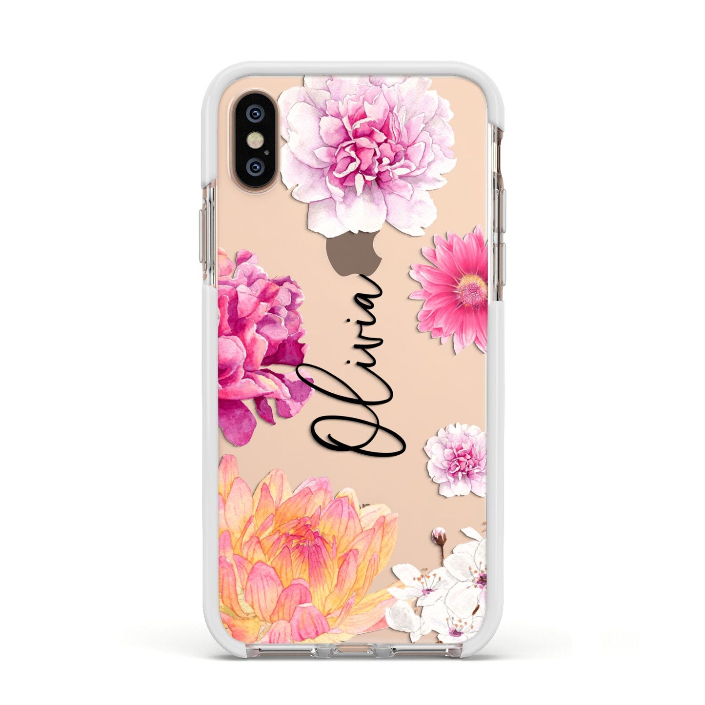 Personalised Dahlia Pink Apple iPhone Xs Impact Case White Edge on Gold Phone