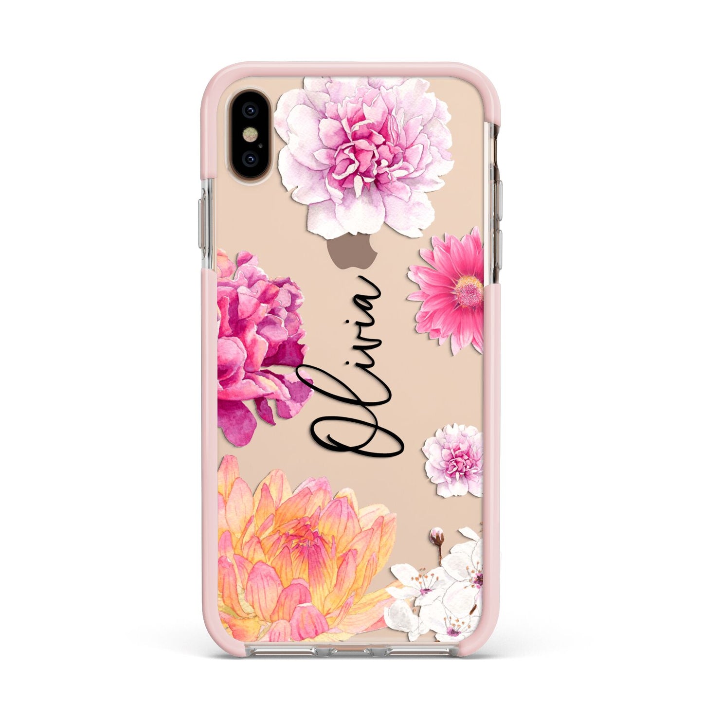 Personalised Dahlia Pink Apple iPhone Xs Max Impact Case Pink Edge on Gold Phone