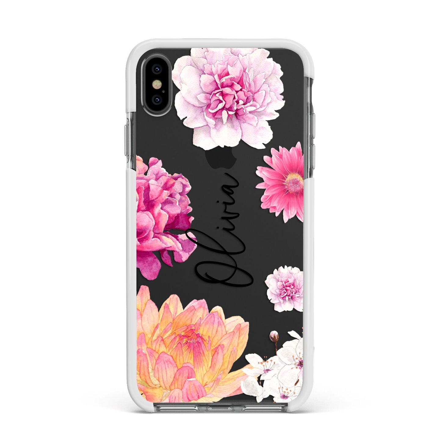 Personalised Dahlia Pink Apple iPhone Xs Max Impact Case White Edge on Black Phone