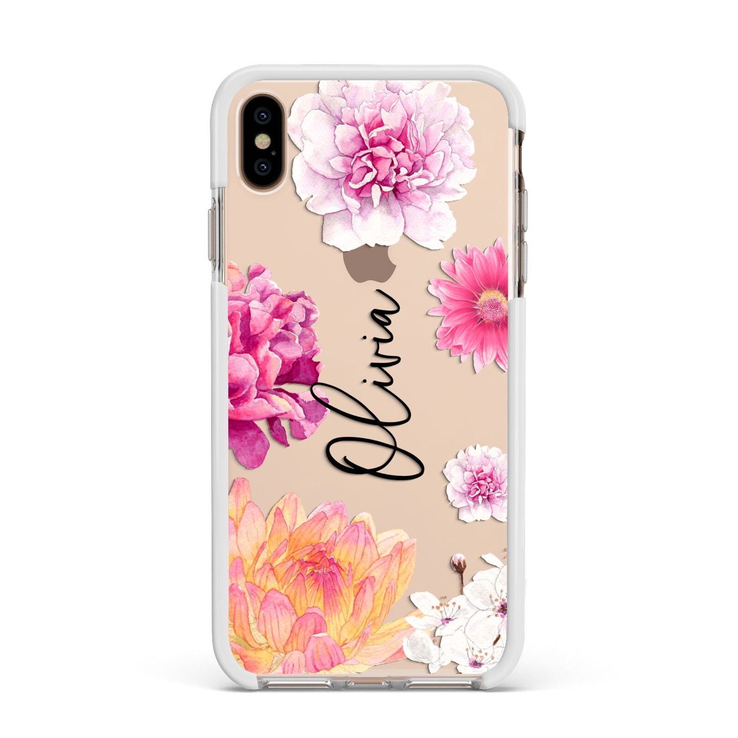 Personalised Dahlia Pink Apple iPhone Xs Max Impact Case White Edge on Gold Phone