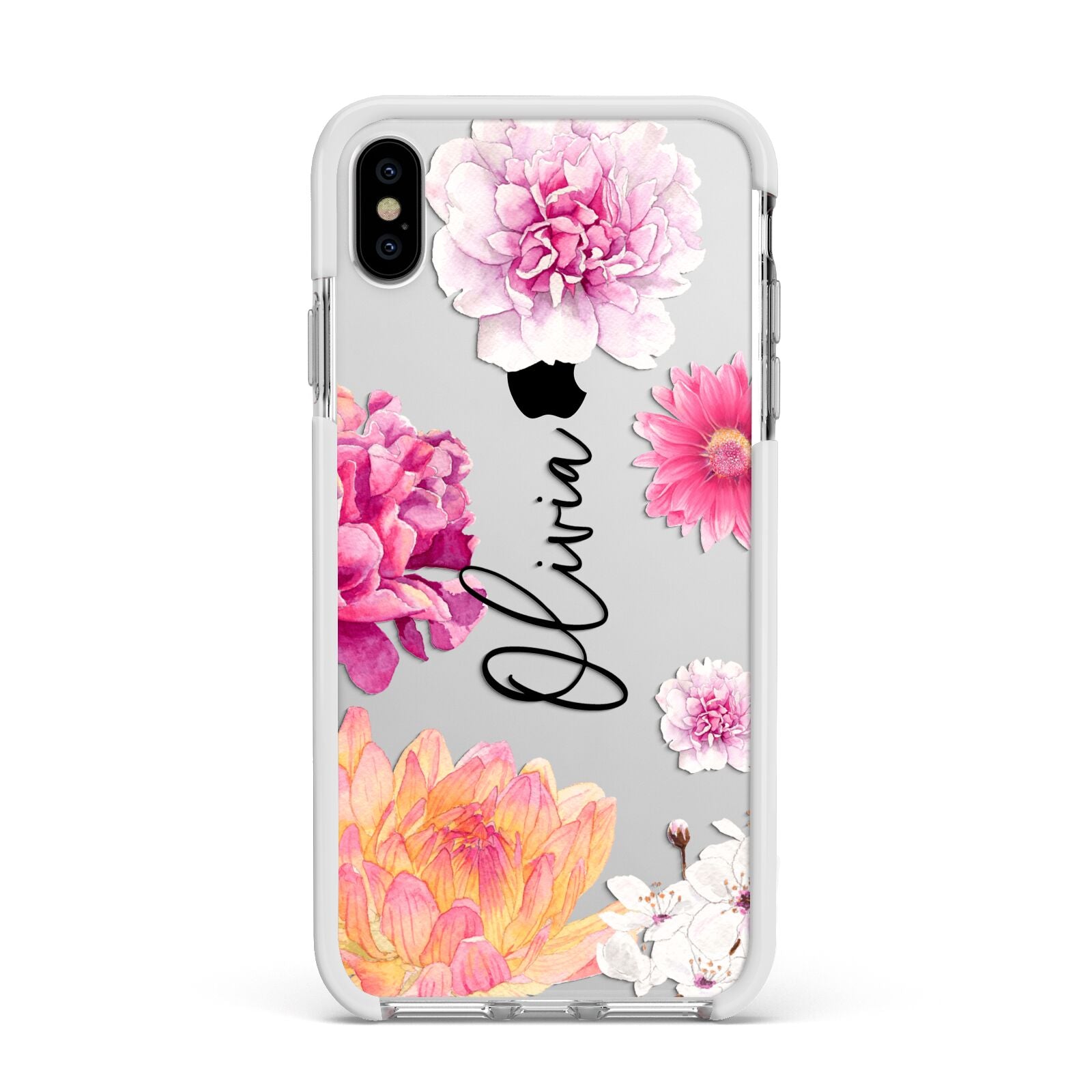 Personalised Dahlia Pink Apple iPhone Xs Max Impact Case White Edge on Silver Phone