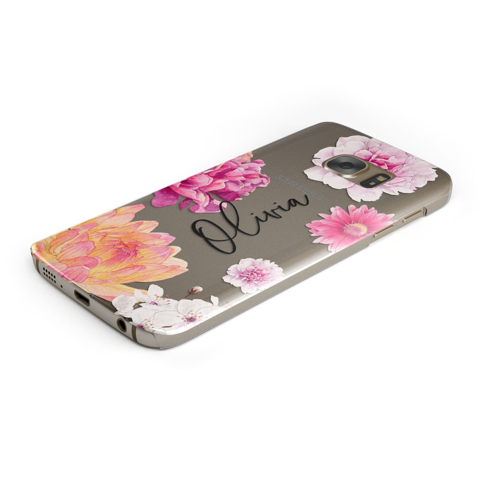 Personalised Dahlia Pink Protective Samsung Galaxy Case Angled Image