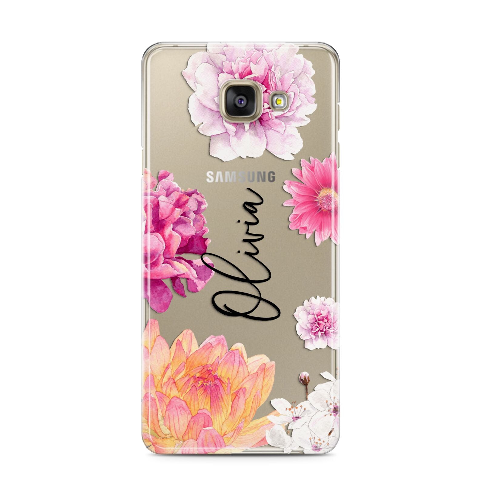 Personalised Dahlia Pink Samsung Galaxy A3 2016 Case on gold phone