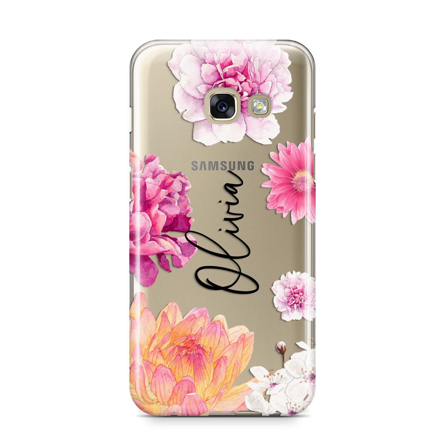 Personalised Dahlia Pink Samsung Galaxy A3 2017 Case on gold phone