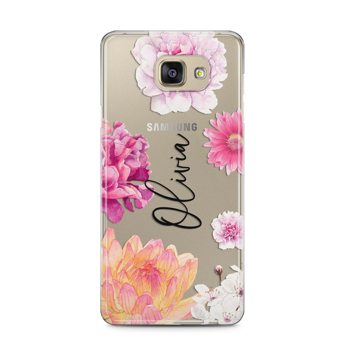 Personalised Dahlia Pink Samsung Galaxy A5 2016 Case on gold phone