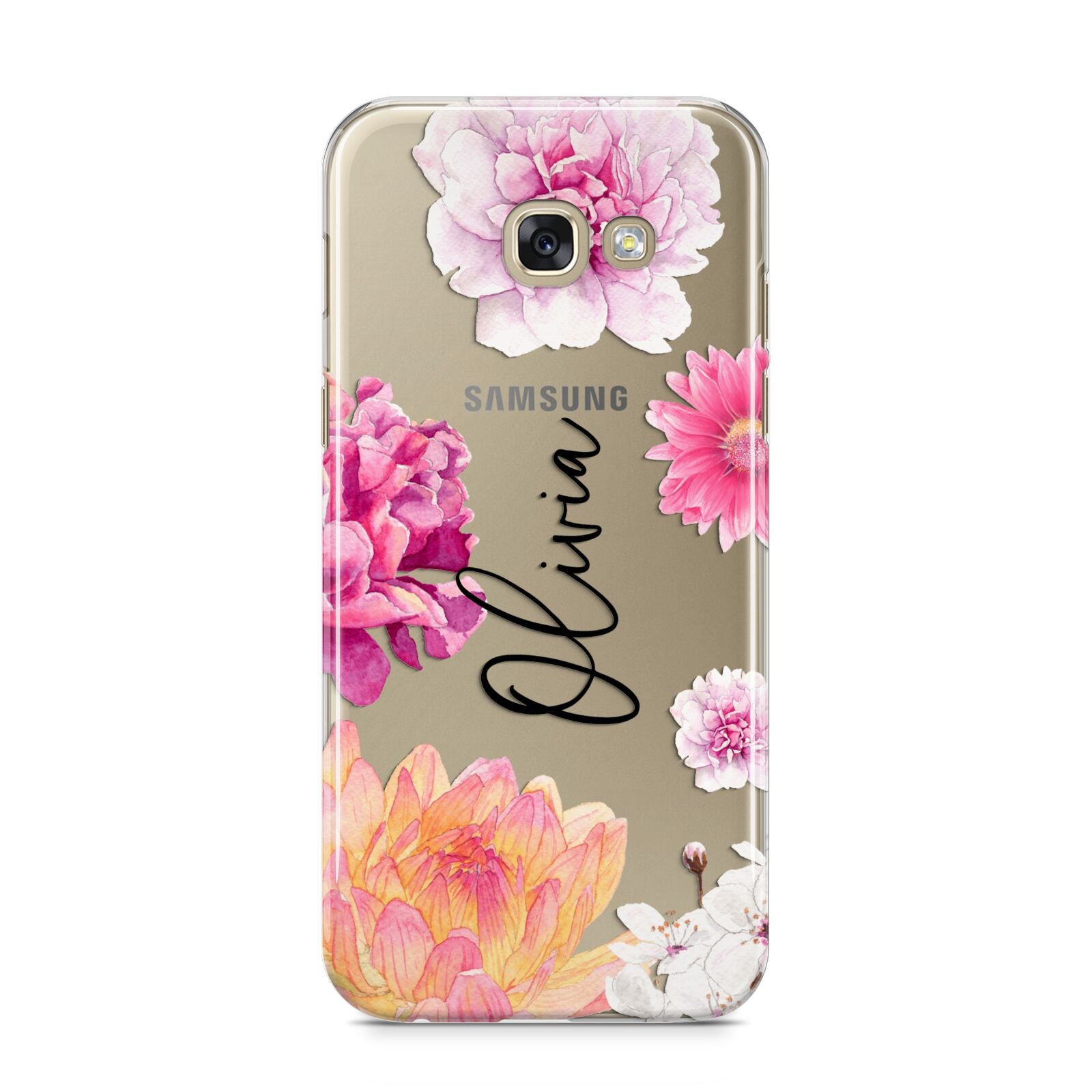 Personalised Dahlia Pink Samsung Galaxy A5 2017 Case on gold phone