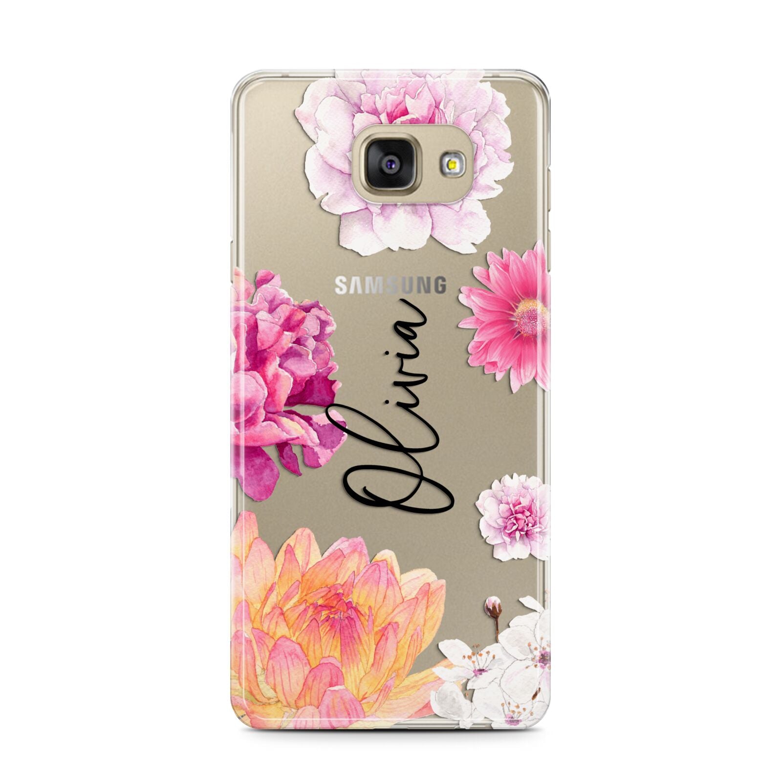 Personalised Dahlia Pink Samsung Galaxy A7 2016 Case on gold phone