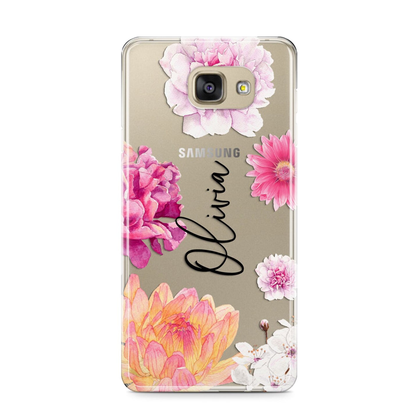 Personalised Dahlia Pink Samsung Galaxy A9 2016 Case on gold phone