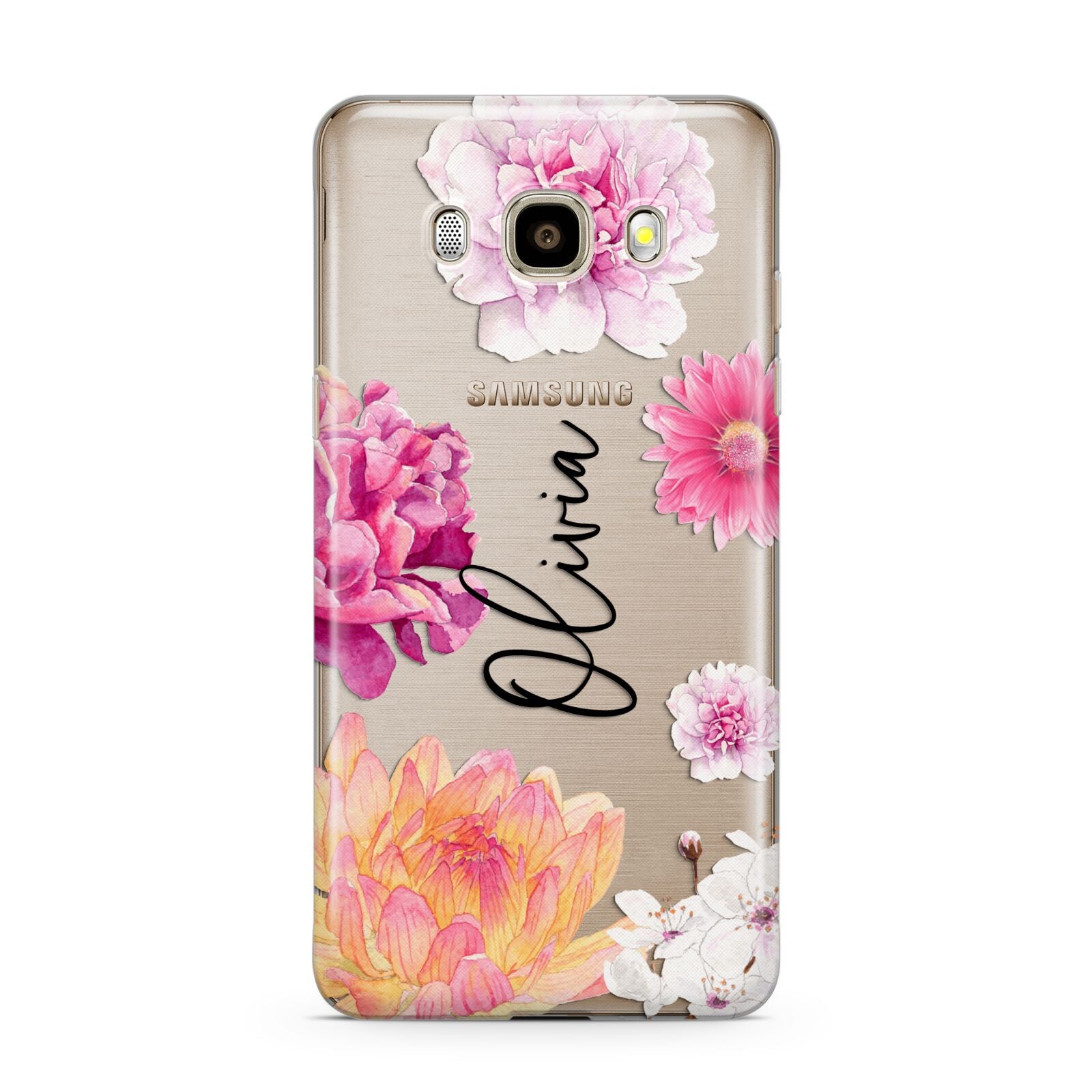 Personalised Dahlia Pink Samsung Galaxy J7 2016 Case on gold phone