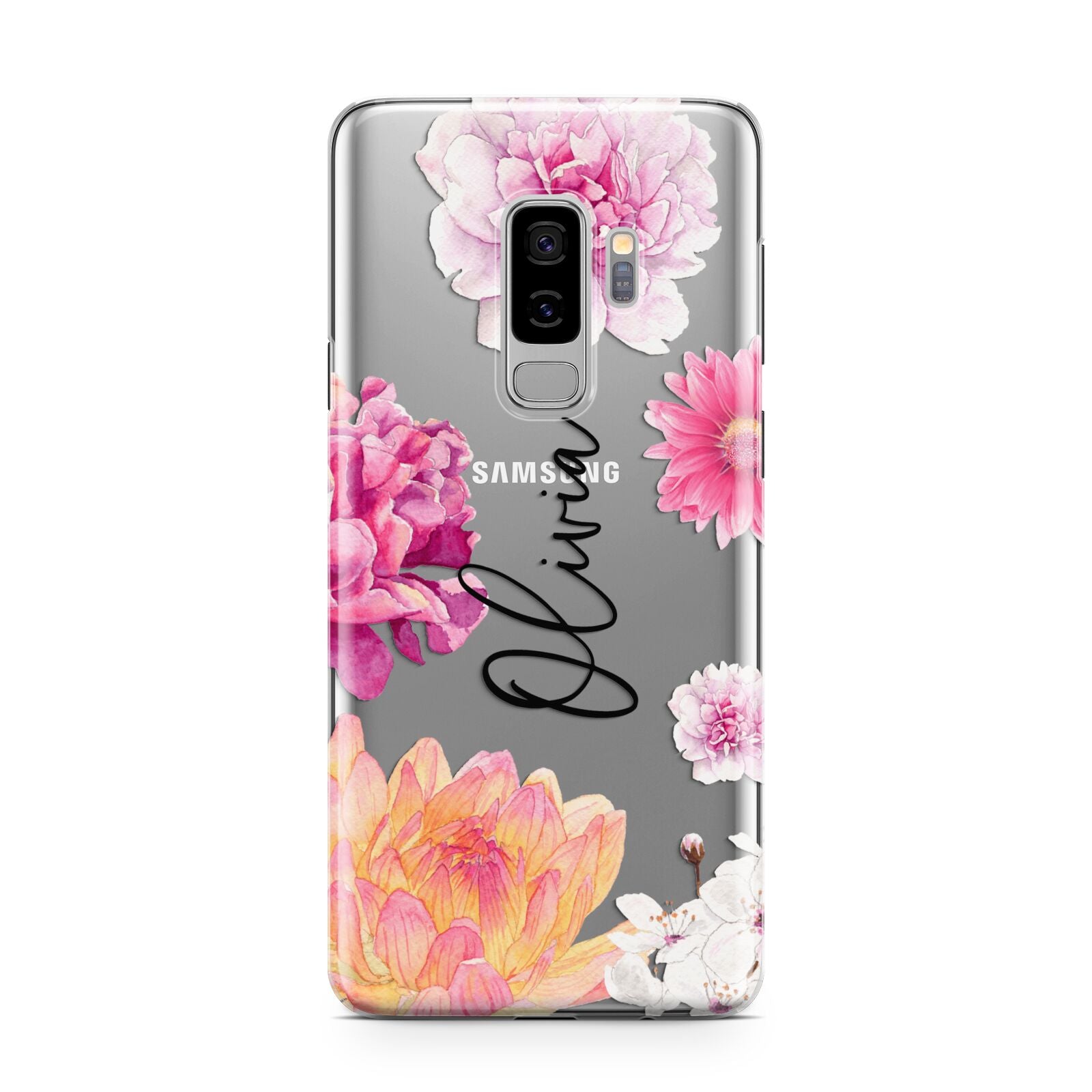 Personalised Dahlia Pink Samsung Galaxy S9 Plus Case on Silver phone