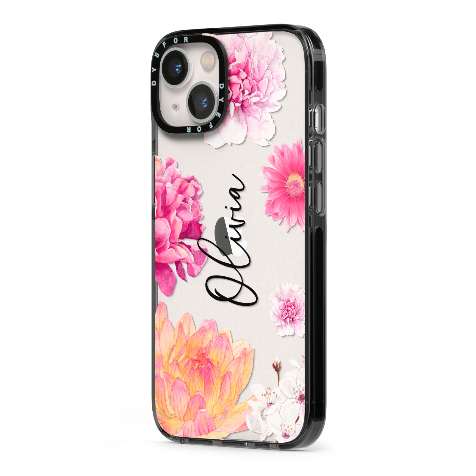 Personalised Dahlia Pink iPhone 13 Black Impact Case Side Angle on Silver phone