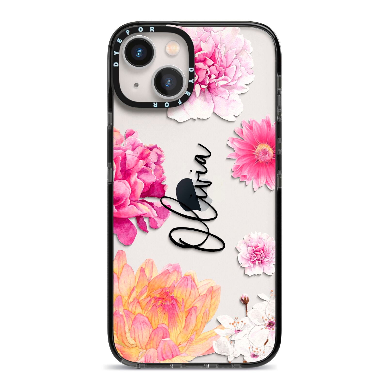 Personalised Dahlia Pink iPhone 13 Black Impact Case on Silver phone