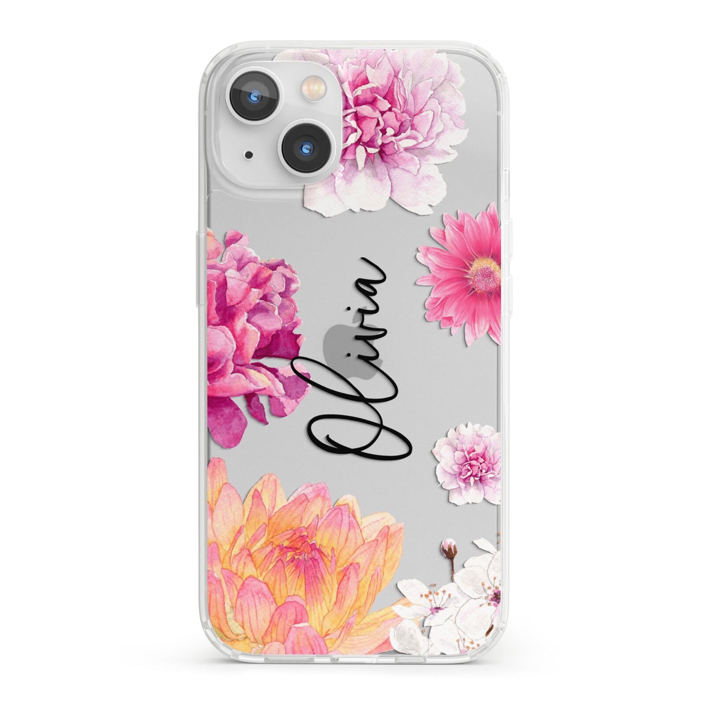 Personalised Dahlia Pink iPhone 13 Clear Bumper Case