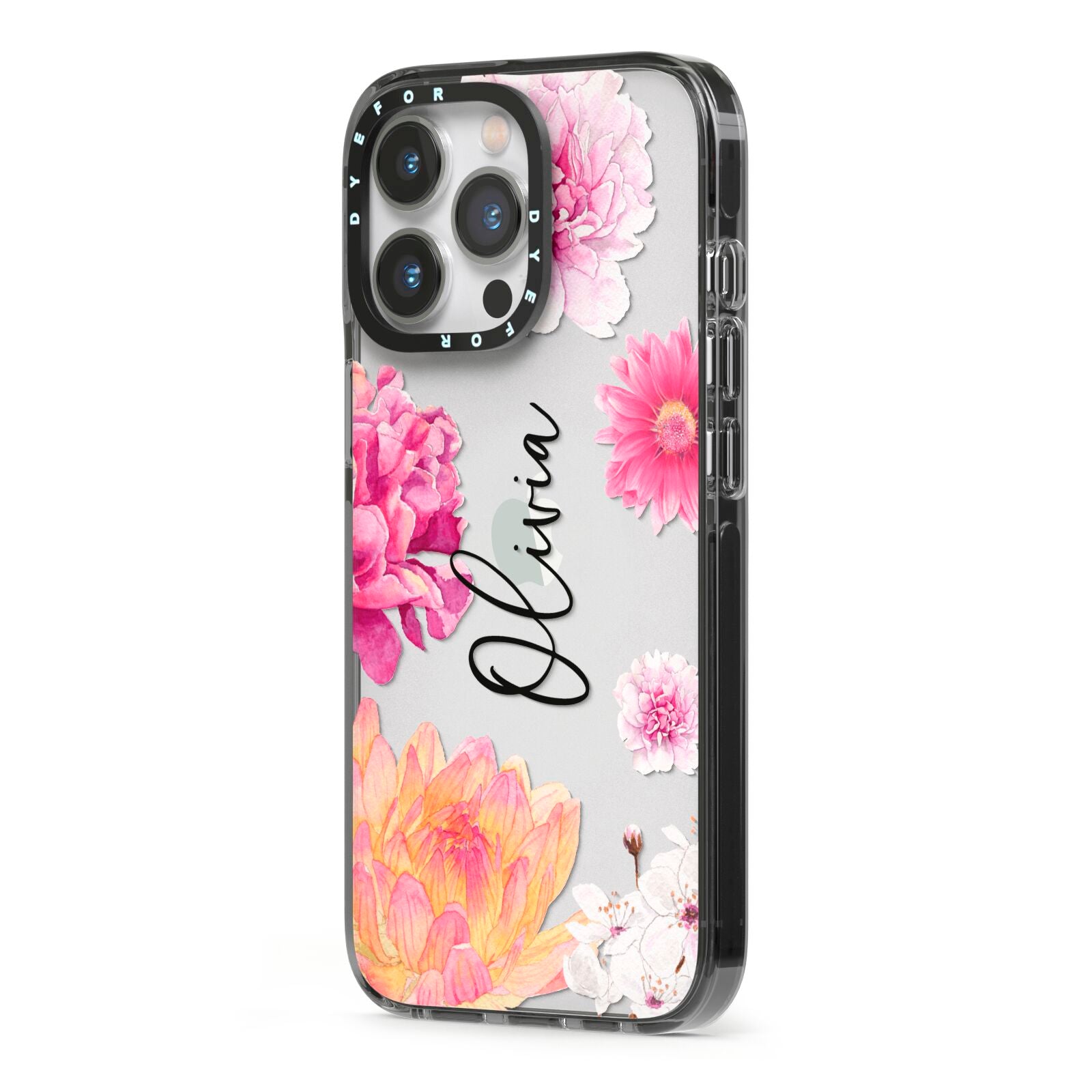 Personalised Dahlia Pink iPhone 13 Pro Black Impact Case Side Angle on Silver phone