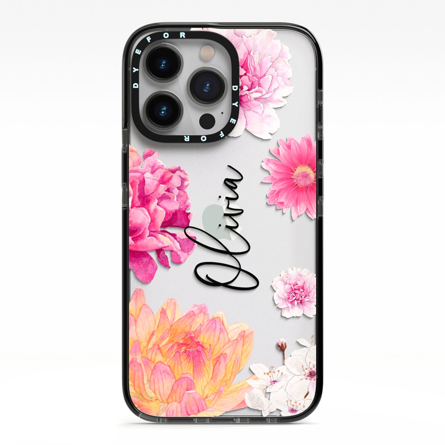 Personalised Dahlia Pink iPhone 13 Pro Black Impact Case on Silver phone