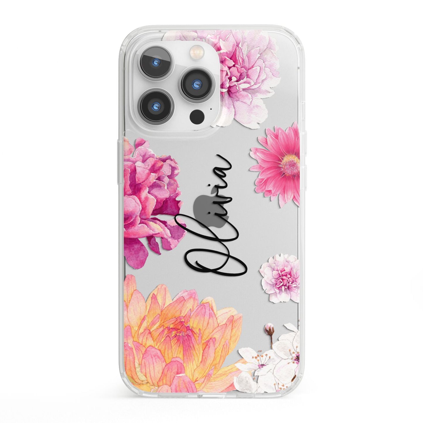 Personalised Dahlia Pink iPhone 13 Pro Clear Bumper Case