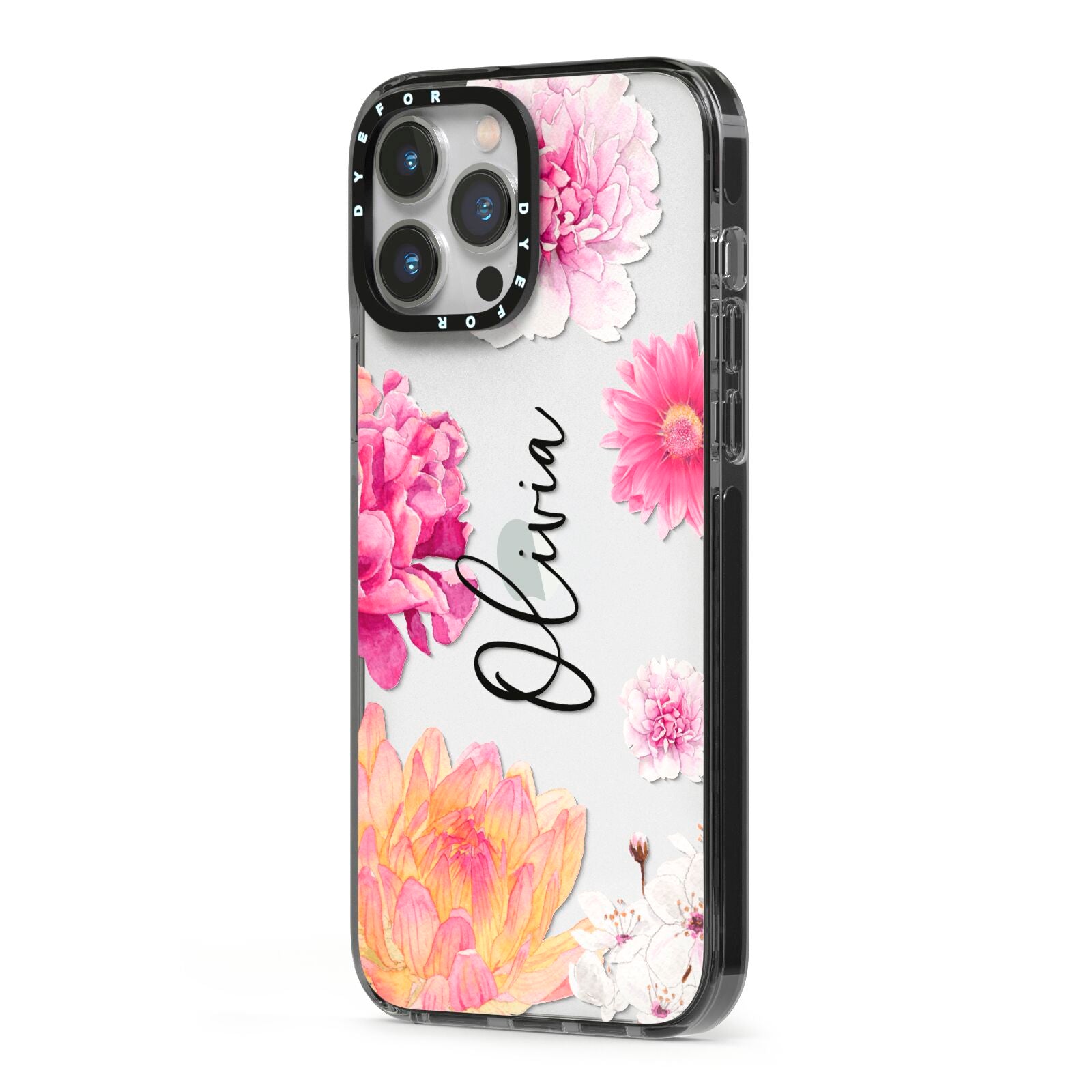 Personalised Dahlia Pink iPhone 13 Pro Max Black Impact Case Side Angle on Silver phone