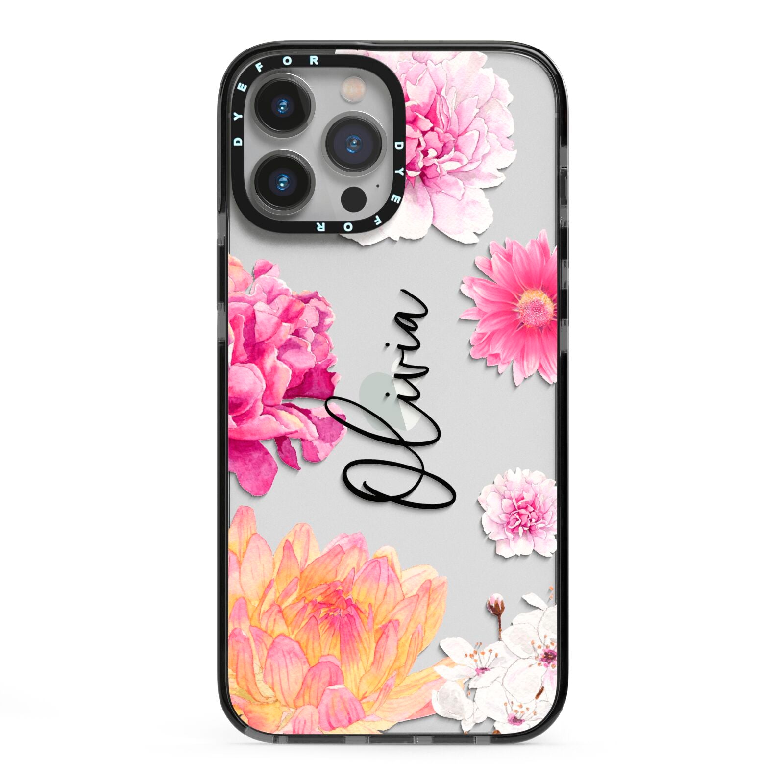 Personalised Dahlia Pink iPhone 13 Pro Max Black Impact Case on Silver phone