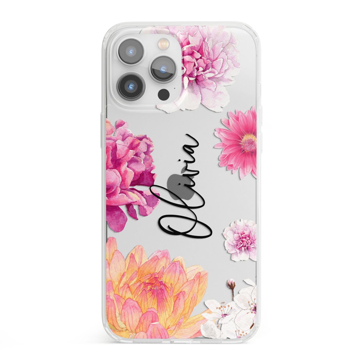 Personalised Dahlia Pink iPhone 13 Pro Max Clear Bumper Case