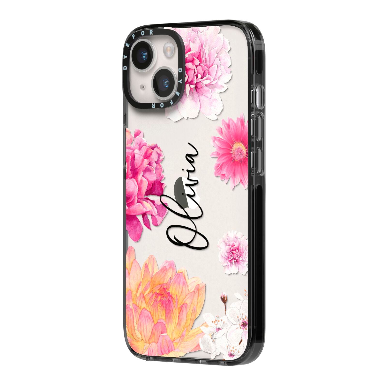 Personalised Dahlia Pink iPhone 14 Black Impact Case Side Angle on Silver phone