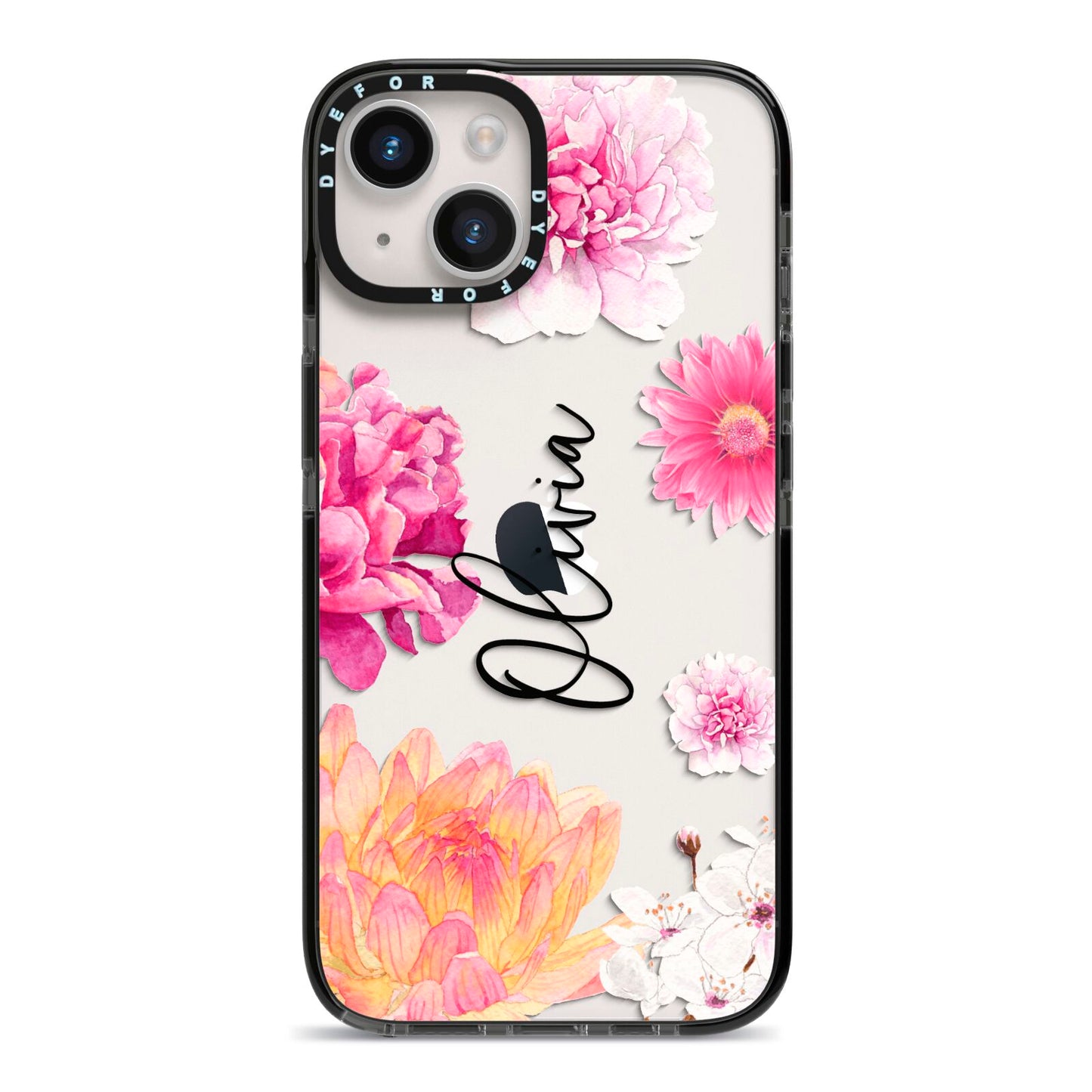 Personalised Dahlia Pink iPhone 14 Black Impact Case on Silver phone