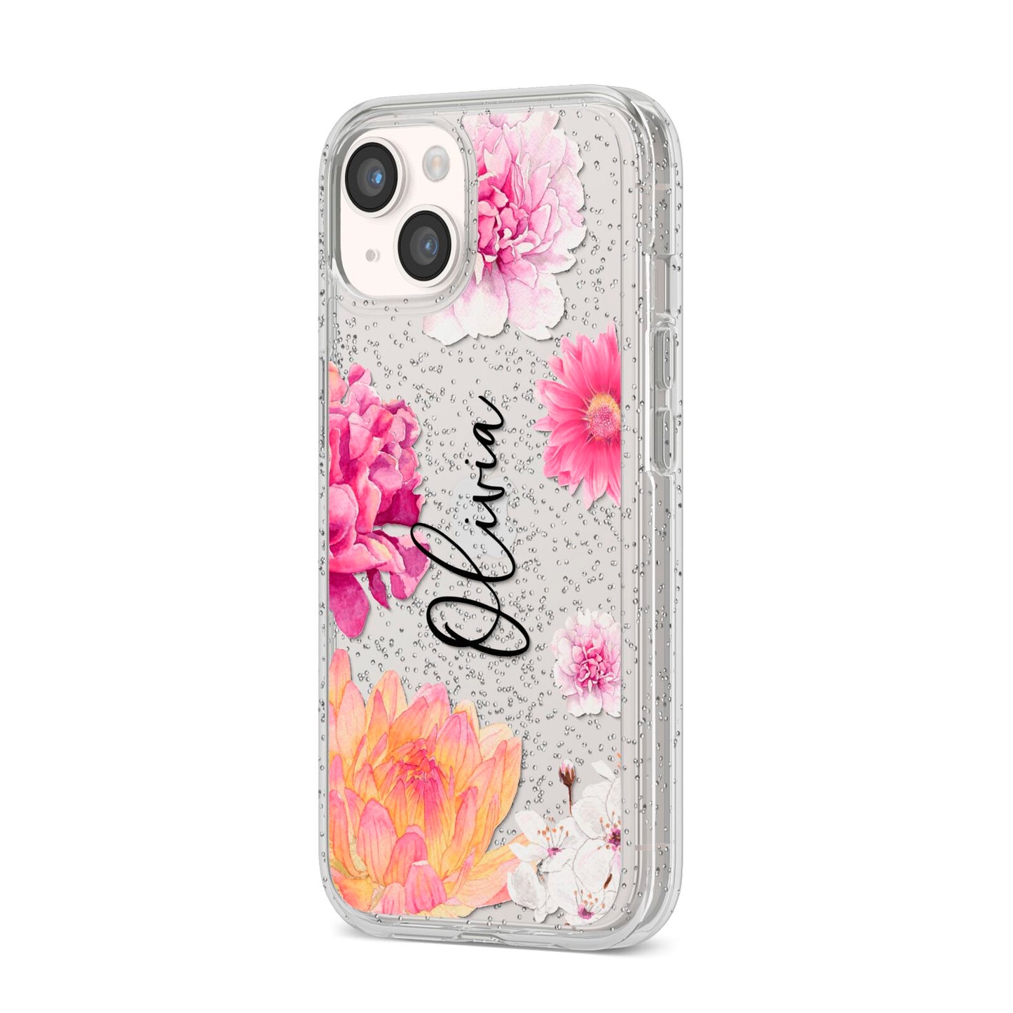 Personalised Dahlia Pink iPhone 14 Glitter Tough Case Starlight Angled Image